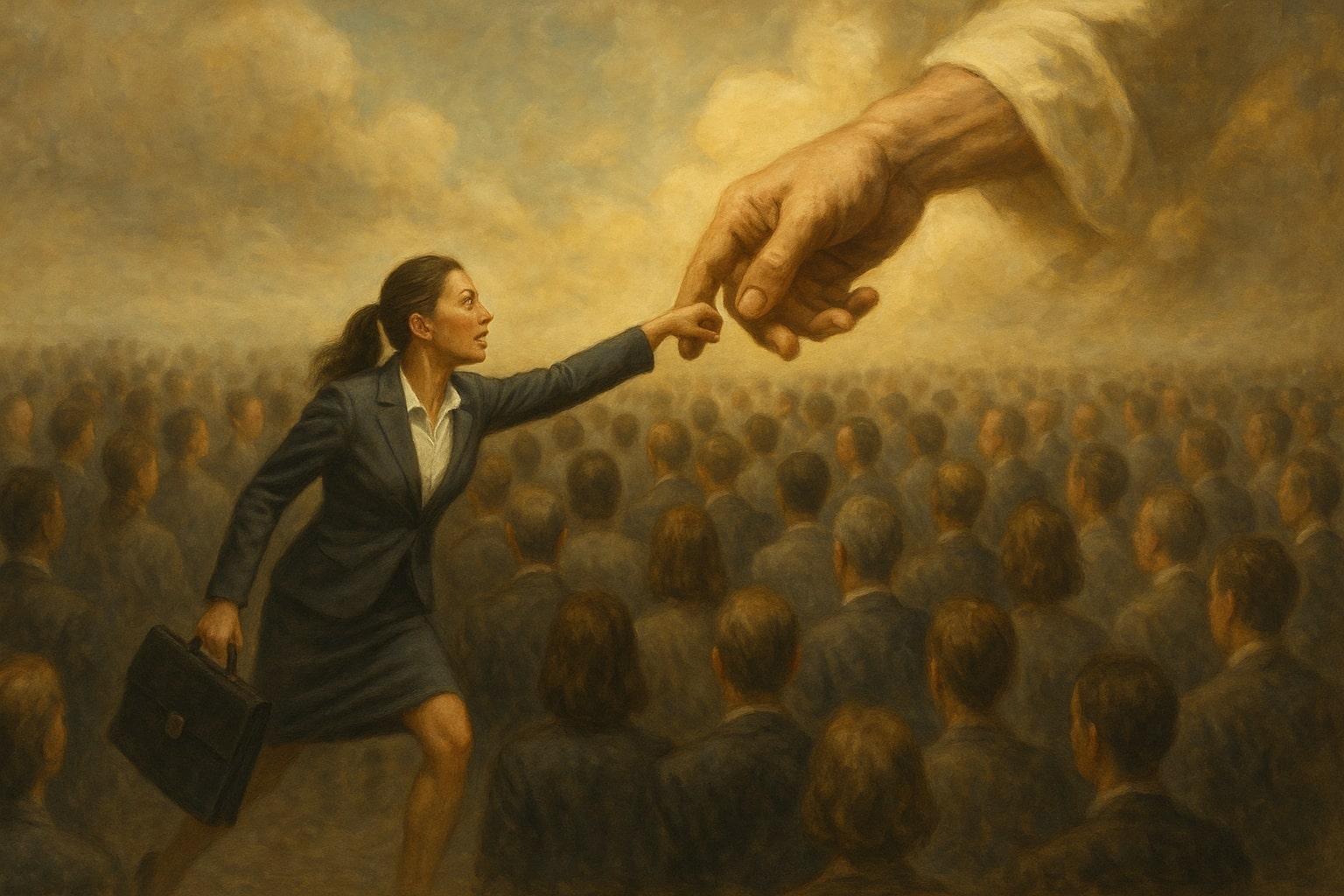 A picture of a young businesswoman being gently plucked by the hand of God from a crowd of people.