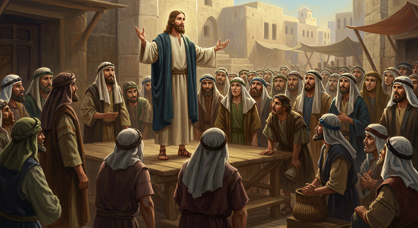 Jesus pronouncing commandments to a small gathering of people.