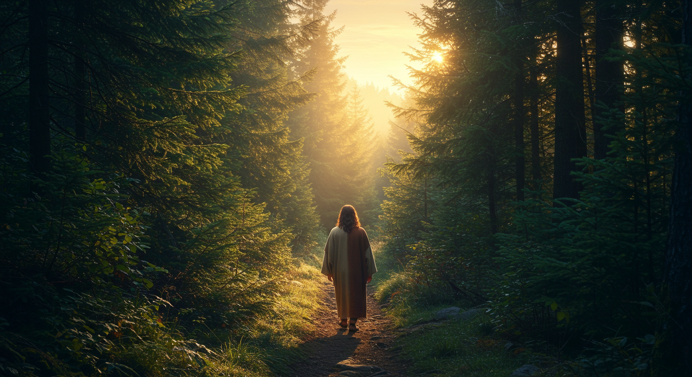 A picture of following Jesus on a narrow path in a wooded area towards a sunrise.