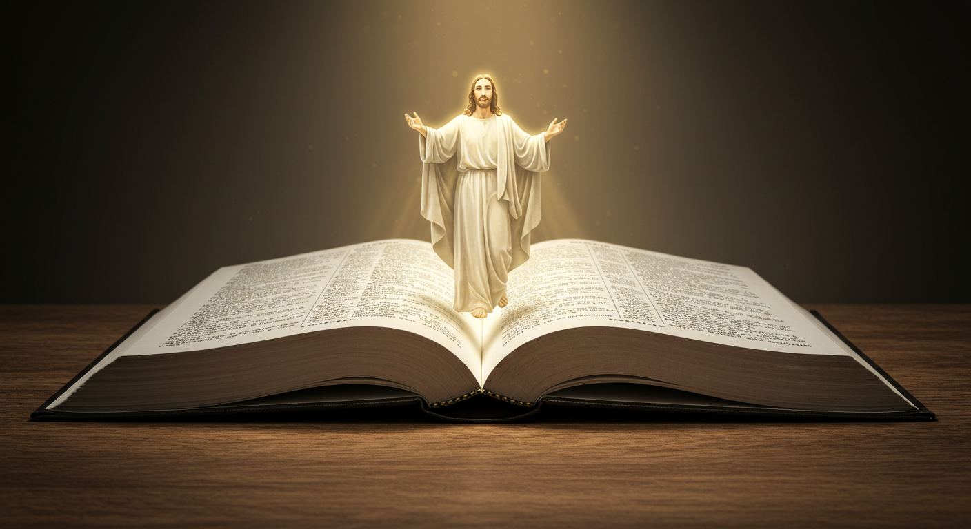 Jesus rising from an open bible.