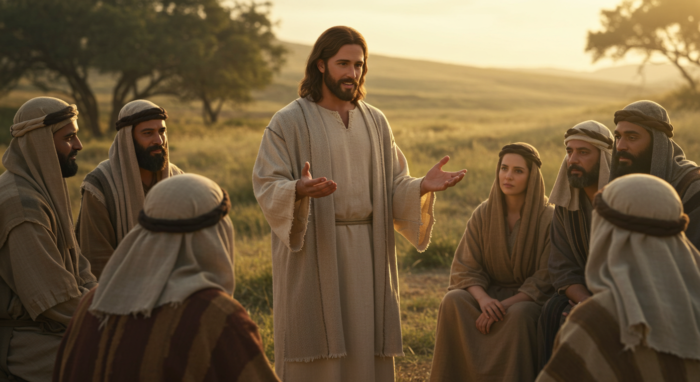 Jesus sharing a parable with a small group.