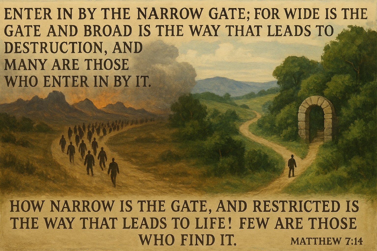 A picture of two paths, one to eternal life and one to destruction.