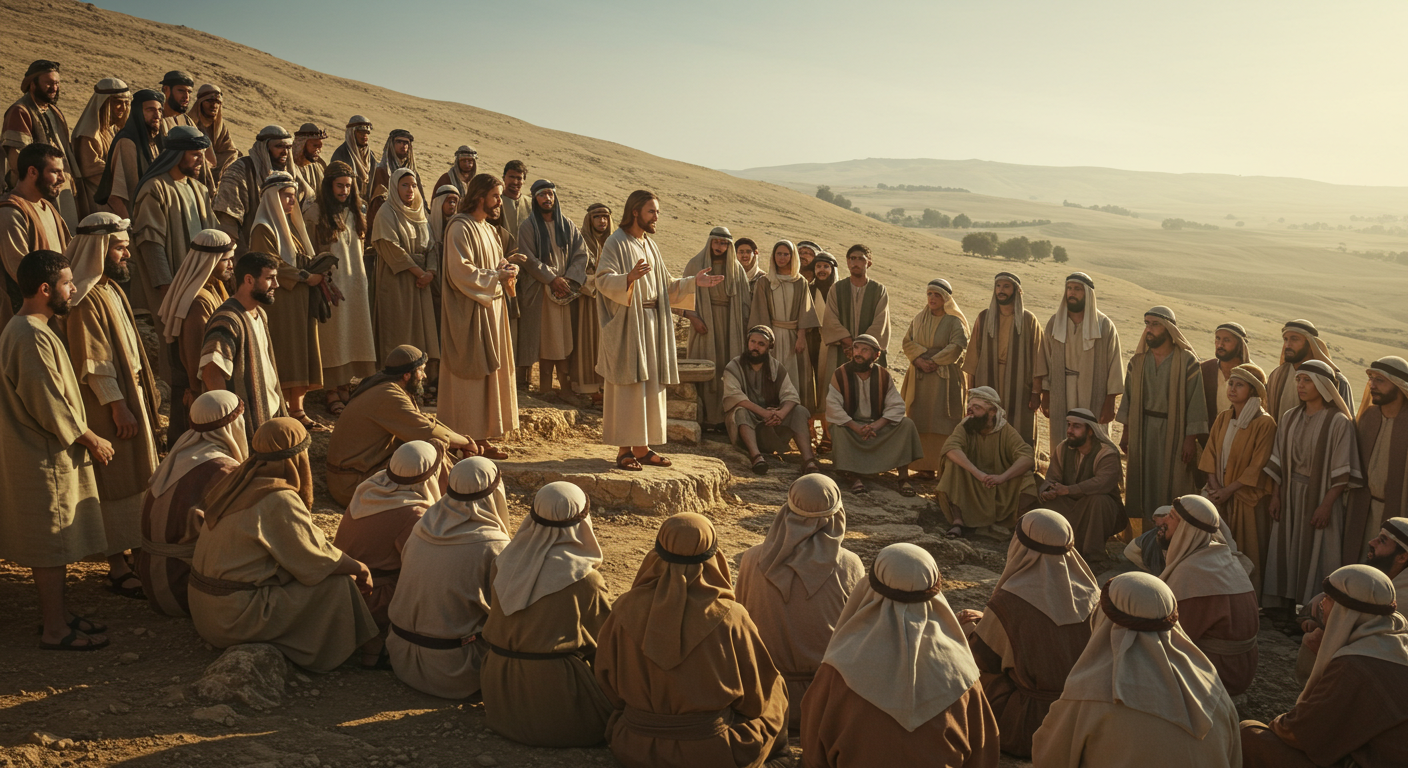 Jesus giving His sermon on the mount.